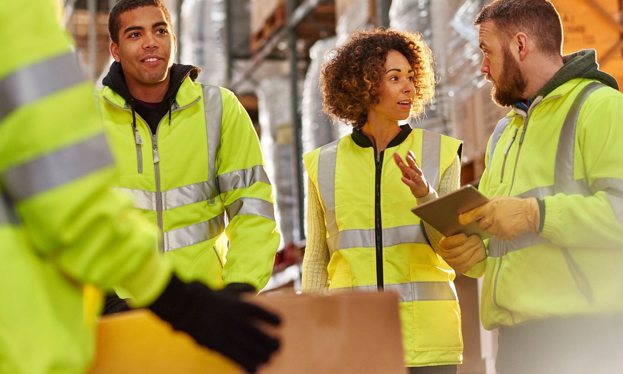 Colleagues in warehouse talking and smiling